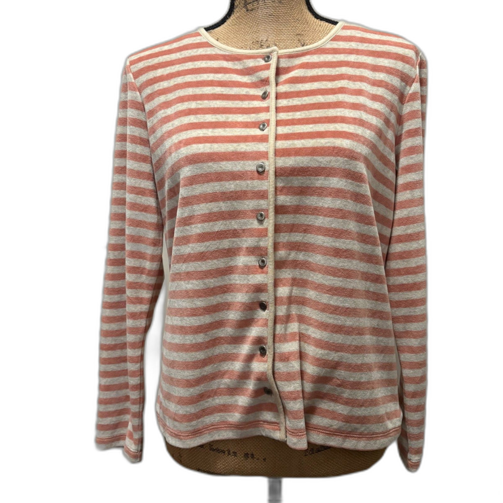 J. Jill Velour Stripe Cardigan Pink Cream Button Front Cozy Feminine Size Medium